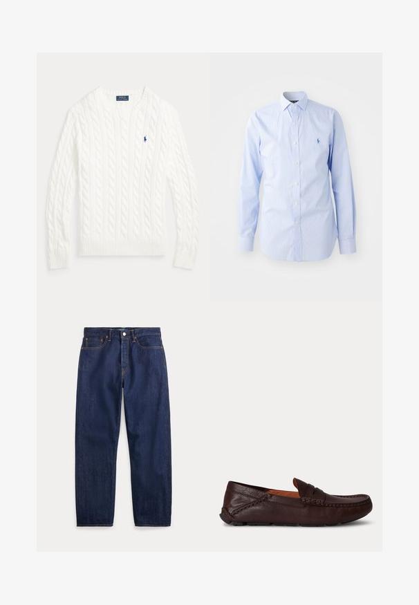 Pull en coton blanc à maille torsadée, col rond, manches longues, poignets et ourlet côtelés, avec petit logo Polo Ralph Lauren bleu sur la poitrine.; Chemise à manches longues rayée bleu clair en coton. Caractéristiques : col boutonné, patte de boutonnage avec boutons et logo brodé sur la poitrine.; Jean en denim bleu foncé avec jambes droites, cinq poches, fermeture par bouton et coutures visibles.; Mocassin homme en cuir marron foncé avec détail cousu et semelle en caoutchouc, montré de côté sur un fond uni.