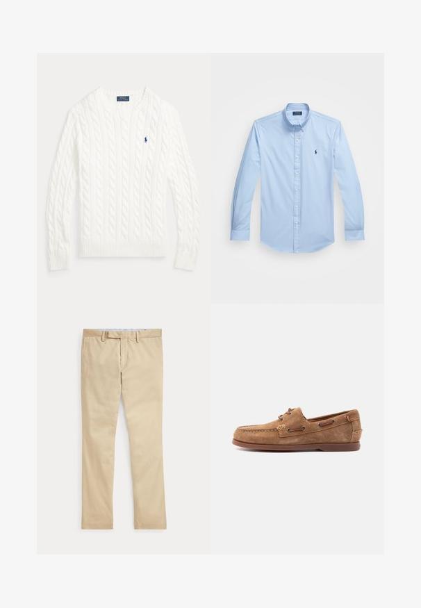 Pull en coton blanc à maille torsadée, col rond, manches longues, poignets et ourlet côtelés, avec petit logo Polo Ralph Lauren bleu sur la poitrine.; Chemise boutonnée bleu clair en coton avec des manches longues, col pointu et logo brodé sur la poitrine gauche. Conception à l'avant plat.; Pantalon beige à jambes droites avec passants de ceinture et braguette zippée à l'avant, posé à plat sur un fond blanc.; Mocassin en daim marron avec détails en lacet de cuir, pointe cousue et semelle en caoutchouc plate, présenté de profil sur un fond clair.