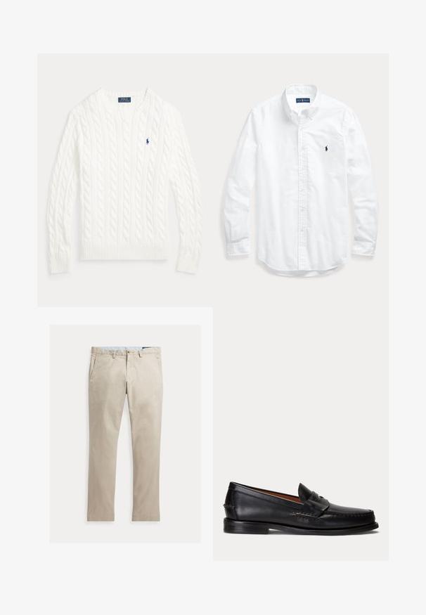 Pull en coton blanc à maille torsadée, col rond, manches longues, poignets et ourlet côtelés, avec petit logo Polo Ralph Lauren bleu sur la poitrine.; Chemise blanche à manches longues avec boutons et col, avec un petit logo foncé sur la poitrine gauche, posée à plat sur un fond clair.; Pantalon beige en coton à jambes droites, avec poches avant, passants de ceinture, fermeture par bouton et braguette zippée, présenté à plat sur fond blanc.; Mocassin en cuir noir avec un petit talon et une bride penny, vu de côté sur un fond gris clair.