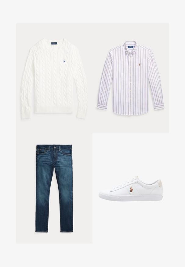 Pull en coton blanc à maille torsadée, col rond, manches longues, poignets et ourlet côtelés, avec petit logo Polo Ralph Lauren bleu sur la poitrine.; Chemise blanche à manches longues avec des rayures verticales violet clair, col boutonné et petit logo brodé sur la poitrine.; Jean slim bleu foncé avec bouton et fermeture éclair à l'avant, cinq poches et une subtile décoloration sur l’avant des cuisses et des genoux.; Baskets en toile blanches avec un design basse, présentant un onglet de talon beige et un petit logo brodé sur le côté. Semelle en caoutchouc.