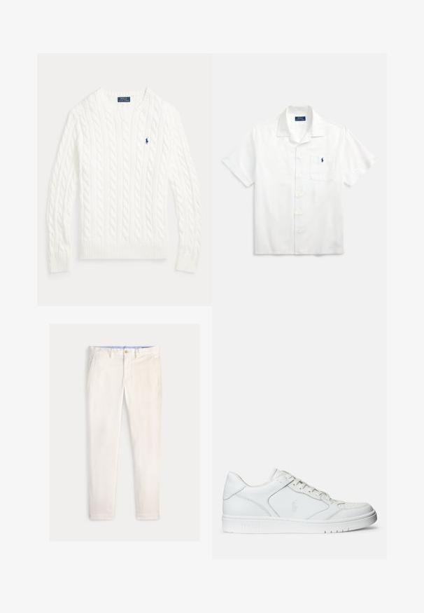Pull en coton blanc à maille torsadée, col rond, manches longues, poignets et ourlet côtelés, avec petit logo Polo Ralph Lauren bleu sur la poitrine.; Chemise blanche à manches courtes en coton, avec un col cranté, des boutons sur le devant et un petit logo bleu sur la poche poitrine.; Pantalon slim fit pour homme de couleur blanc cassé avec poches avant, passants de ceinture et fermeture à bouton sur un fond uni.; Baskets en cuir blanc avec une texture lisse, présentant un bout perforé, un système de laçage et un logo brodé sur le côté. Semelle en caoutchouc blanc.