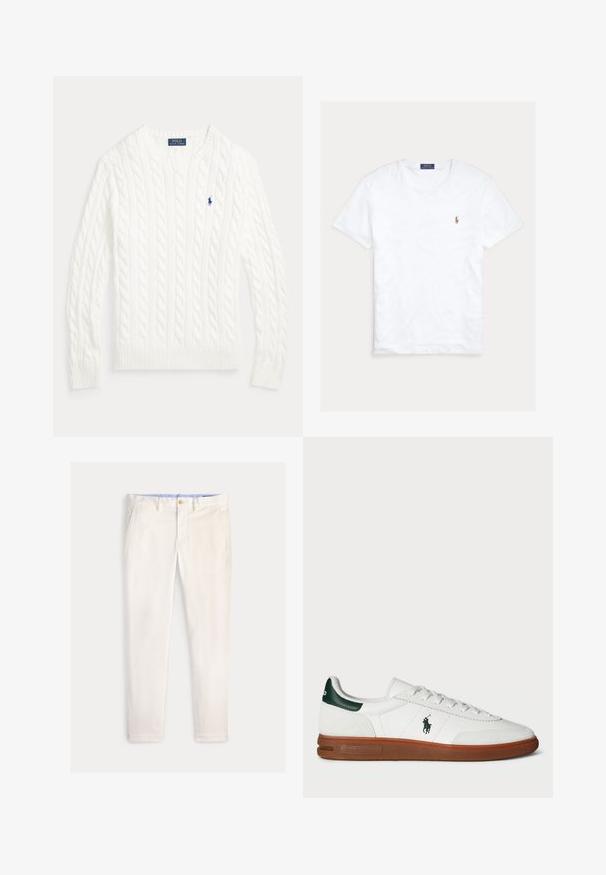 Valge kaabelmustriga puuvillane kampsun, ümara kaelusega, pikkade varrukatega, soonikutega mansettide ja äärega ning väike sinine Polo Ralph Laureni logo rinnal.; Valge lühikeste varrukatega ümara kaelusega T-särk, millel on väike Polo Ralph Laureni tikitud logo vasakul rinnal ning sinine kaubamärgi silt krae sees.; Meeste õhukesed valkjaskollased püksid esikotste, vööaasade ja nööpkinnitusega ühevärvilisel taustal.; Valge nahast tenniseking rohelise kandmises rõhuasetusega, tekstuuriga sametpaneel, kummist tallad ja tikitud logo küljes. Omab paelaga kinnitust.