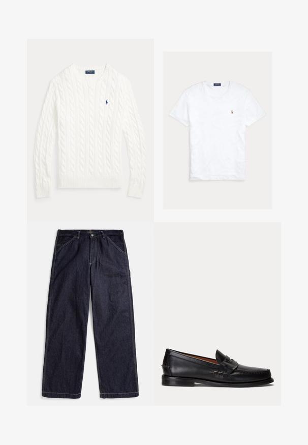 Pull en coton blanc à maille torsadée, col rond, manches longues, poignets et ourlet côtelés, avec petit logo Polo Ralph Lauren bleu sur la poitrine.; T-shirt blanc à col rond et manches courtes avec petit logo Polo Ralph Lauren brodé sur la poitrine gauche et étiquette de marque bleue à l’intérieur du col.; Jean denim droit bleu foncé avec coutures contrastantes, passants de ceinture et poches avant, posé à plat sur un fond blanc.; Mocassin en cuir noir avec un petit talon et une bride penny, vu de côté sur un fond gris clair.