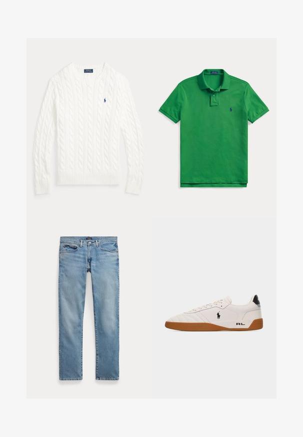 Hvid kabelstrikket bomuldstrøje med rund hals, lange ærmer, ribstrikkede manchetter og kant samt lille blå Polo Ralph Lauren-logo på brystet.; Grøn polo t-shirt med korte ærmer, krave og to knapper, med en lille marineblå broderet logo på venstre bryst.; Lyseblå jeans med lige ben, forlommer og knaplukning, lagt fladt på en hvid baggrund.; Hvid lav sneakers med brun gummisål, sort Polo Ralph Lauren-logo på siden og "RL" tekst på hælområdet.