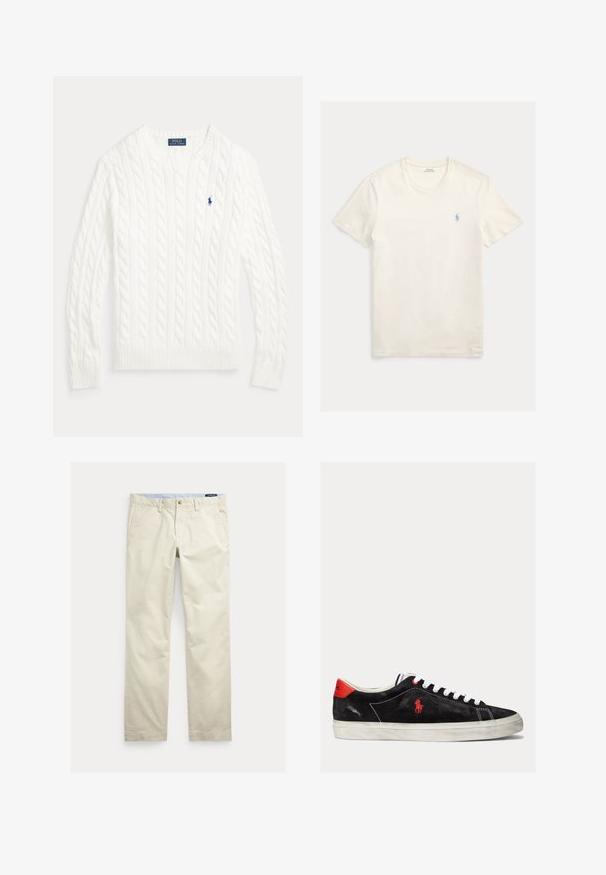 Pull en coton blanc à maille torsadée, col rond, manches longues, poignets et ourlet côtelés, avec petit logo Polo Ralph Lauren bleu sur la poitrine.; T-shirt blanc en coton avec col rond et manches courtes, présentant un petit logo bleu brodé sur le côté gauche de la poitrine. Texture lisse, coupe régulière.; Pantalon beige en coton coupe droite avec passants pour ceinture, bouton devant, fermeture éclair et poches latérales.; Baskets en suède noires avec des lacets blancs, des accents rouges sur le talon et un petit logo rouge. Dotées d'une semelle plate en caoutchouc et d'une couture simple.