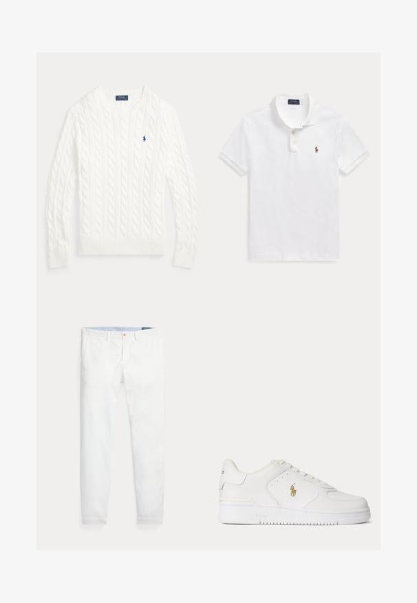 Pull en coton blanc à maille torsadée, col rond, manches longues, poignets et ourlet côtelés, avec petit logo Polo Ralph Lauren bleu sur la poitrine.; Polo blanc manches courtes avec col, deux boutons et petit logo brodé d'une personne à cheval sur la poitrine.; Chinos en coton blanc coupe slim, dotés d'une fermeture à un bouton doré et d'une ceinture intérieure bleu clair. Texture lisse sans motifs.; Baskets basses en cuir blanc avec lacets blancs et logo Polo Ralph Lauren doré sur le côté, avec "Polo" embossé sur la semelle.