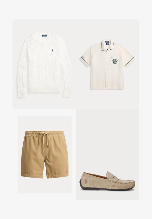Valge kaabelmustriga puuvillane kampsun, ümara kaelusega, pikkade varrukatega, soonikutega mansettide ja äärega ning väike sinine Polo Ralph Laureni logo rinnal.; Valge lühikeste varrukatega nööbitav särk rohelise äärega, Wimbledon logo rindtaskul ja vasaku varruka tikitud tekstiga.; Beežid sametist lühikesed püksid elastsest vöökohast, paelaga, esise õmblusega ning väike tikitud logo vasakul äärel.; Bež sueded loafers, mille õmblustega detailide, lame kummitald ja väike logo küljel. Klassikaline libisev disain, pehme tekstuur.