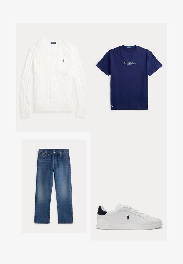 Hvid kabelstrikket bomuldstrøje med rund hals, lange ærmer, ribstrikkede manchetter og kant samt lille blå Polo Ralph Lauren-logo på brystet.; Mørkeblå T-shirt med korte ærmer og rund halsudskæring med hvid tekst "Polo Ralph Lauren New York" på brystet og lille polospillerlogo nær kanten.; Blå straight-leg jeans med falmede detaljer, fem lommer, bæltestropper samt knap- og lynlåslukning, Polo Ralph Lauren mærke indeni.; Hvid lavtstående sneaker med sort polo-spiller logo på siden, navy hælklap, hvide snørebånd og "Ralph Lauren" guldsignatur nær hælen