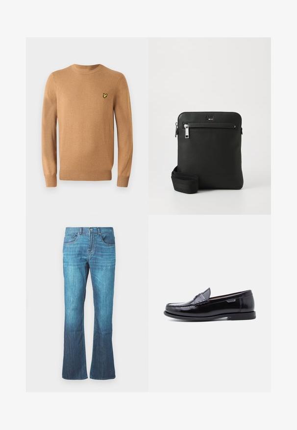 Hellbrauner, gestrickter Pullover mit langen Ärmeln und gerippten Bündchen; verfügt über ein kleines gelbes Vogel-Logo auf der linken Brust.; Mitternachtsblaue Waschung Jeans mit leichtem Ausschlag am Saum, klassisches Fünf-Taschen-Design und vorderem Knopf- und Reißverschluss.; Schwarze Leder-Loafer mit glänzendem Finish, mit einer gesteppten Verzierung auf der Zehenpartie und einer niedrigen, strukturierten schwarzen Gummisohle.; Schwarze Leder-Umhängetasche mit flachem Design, strukturierter Oberfläche, Reißverschluss, Vordertasche und verstellbarem Stoffriemen.