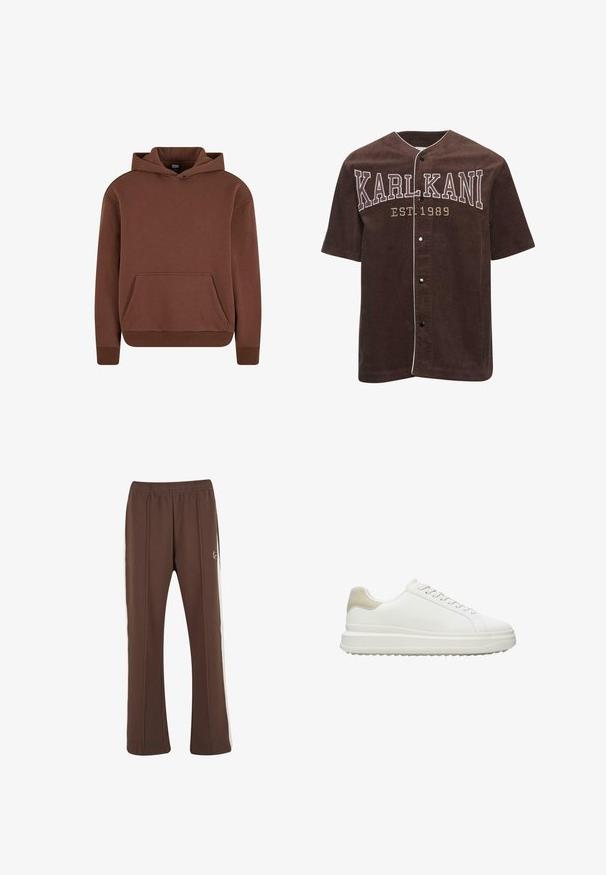 Bruine hoodie gemaakt van een zachte stof, met een kangaroezak, ribgebreide boorden en een ontspannen pasvorm.; Bruin corduroy overhemd met korte mouwen en knoopsluiting, voorzien van de witte geborduurde "KARL KANI" logo en een oprichtingsdatum van 1989.; Bruine sweatpants met rechte pijpen, een elastische tailleband en witte zijstrepen, met een klein wit logo op de rechterdij.; Witte sneakers van glad leer met een gestructureerde beige hielaccent, voorzien van ronde veters, een laag profiel ontwerp en een rubberen buitenzool.