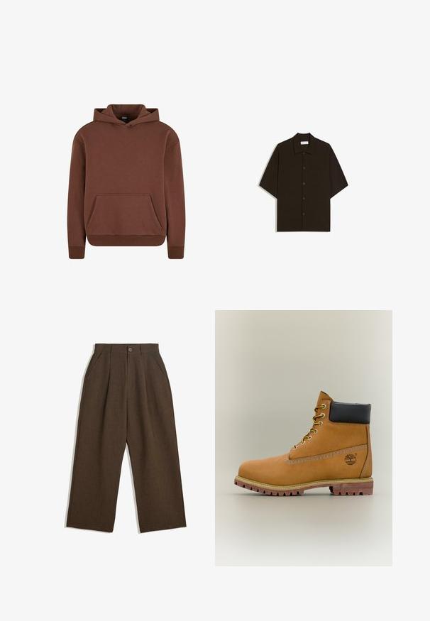 Brauner Kapuzenpullover aus weichem Material, mit einer Kängurutasche, gerippten Bündchen und einem lässigen Schnitt.; Dunkelbraunes kurzärmeliges Hemd mit Knöpfen, Kragen und Brusttasche, flach auf weißem Hintergrund liegend.; Braune Plisseehosen mit weitem Bein, ausgestattet mit einem Knopfverschluss und seitlichen Taschen, aus strukturiertem Stoff, der sich gut für Freizeitkleidung eignet.; Brauner Leder-Stiefelette mit schwarzem Kragen, gelben Schnürsenkeln und hellbrauner Sohle. Verfügt über ein Logo und weiße Ziernähe. Robuste Profilsohle.