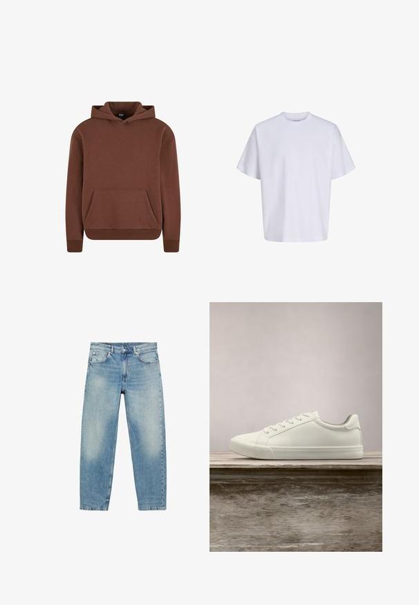 Brauner Kapuzenpullover aus weichem Material, mit einer Kängurutasche, gerippten Bündchen und einem lässigen Schnitt.; Schlichtes weißes oversized T-Shirt mit kurzen Ärmeln, Rundhalsausschnitt und lockerem Sitz vor weißem Hintergrund.; Blue Jeans mit geradem Bein, vorderen Taschen und Gürtelschlaufen, die leichte Verblassungen an Oberschenkeln und Knien zeigen.; Weiße Schnürsneaker, die über einer Holzbank mit grünem Laub im Hintergrund schweben und das Schuhdesign sowie die Textur zeigen.