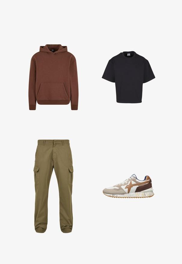 Brauner Kapuzenpullover aus weichem Material, mit einer Kängurutasche, gerippten Bündchen und einem lässigen Schnitt.; Schwarzes T-Shirt mit kurzen Ärmeln und Rundhalsausschnitt in entspannter, kastiger Passform vor weißem Hintergrund.; Grüne Cargo-Hosen mit geradem Schnitt, aus Baumwolle, seitlichen Taschen und Knopfverschluss für Funktionalität. Glatte Textur, lässiges Design.; Low-Top-Sneaker in Weiß, Beige, Braun und Tan mit einem Stern-Detail an der Seite und einer gemusterten Sohle mit dem Schriftzug "W6YZ".