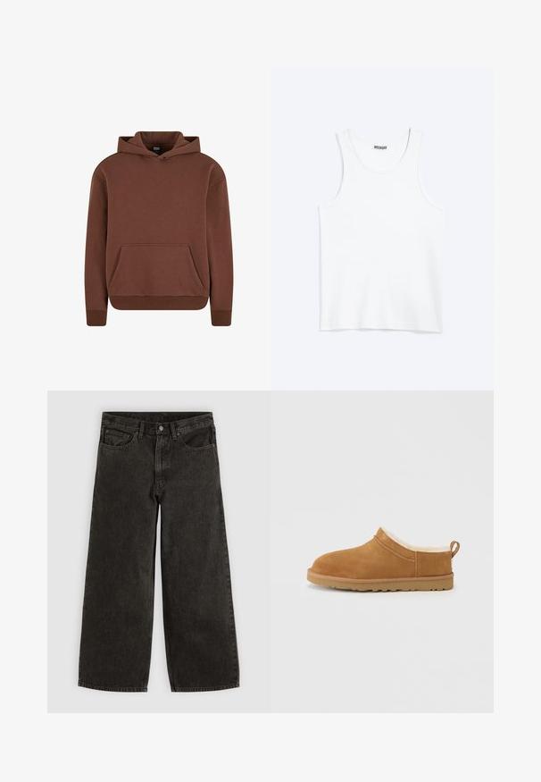 Sweat à capuche marron en tissu doux, avec une poche kangourou, des poignets côtelés et un design décontracté.; Débardeur blanc sans manches avec col rond et étiquette de la marque Weekday à l'intérieur du col arrière, présenté à plat sur un fond clair.; Jean en denim noir à jambes larges avec bouton et fermeture éclair à l'avant, passants de ceinture, et cinq poches, étalé à plat sur un fond blanc.; Chaussure à enfiler en daim marron avec une doublure intérieure en fourrure blanche douce, un bout arrondi et une semelle extérieure en caoutchouc avec de petits motifs de crampons.