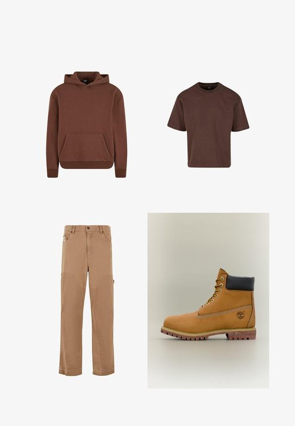 Brun hættebluse lavet af blødt stof, med kengurulomme, ribbede manchetter og en afslappet pasform.; Brun kortærmet bomulds T-shirt med rund hals, vist fladt mod en hvid baggrund.; Lysbrune cargo-bukser lavet af slidstærkt stof, der har flere lommer, et lige ben-design og forstærkede knælapper.; Brun læderankelstøvle med sort krave, gule snørebånd og tanfarvet sål. Har logo og hvide syninger som detalje. Robust ydersål med greb.
