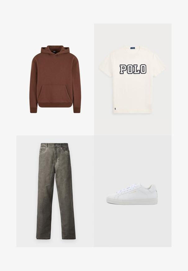 Sweat à capuche marron en tissu doux, avec une poche kangourou, des poignets côtelés et un design décontracté.; T-shirt en coton blanc avec "POLO" en grandes lettres navy sur la poitrine, et un petit logo navy sur l'ourlet. Design classique à col rond.; Pantalon gris à jambes droites en tissu de coton doux avec une texture lisse. Comprend des poches avant et une fermeture à bouton.; Baskets basses en cuir blanc avec bout rond, lacets plats, semelle texturée et logo discret doré sur le côté. Surface lisse et design minimaliste.