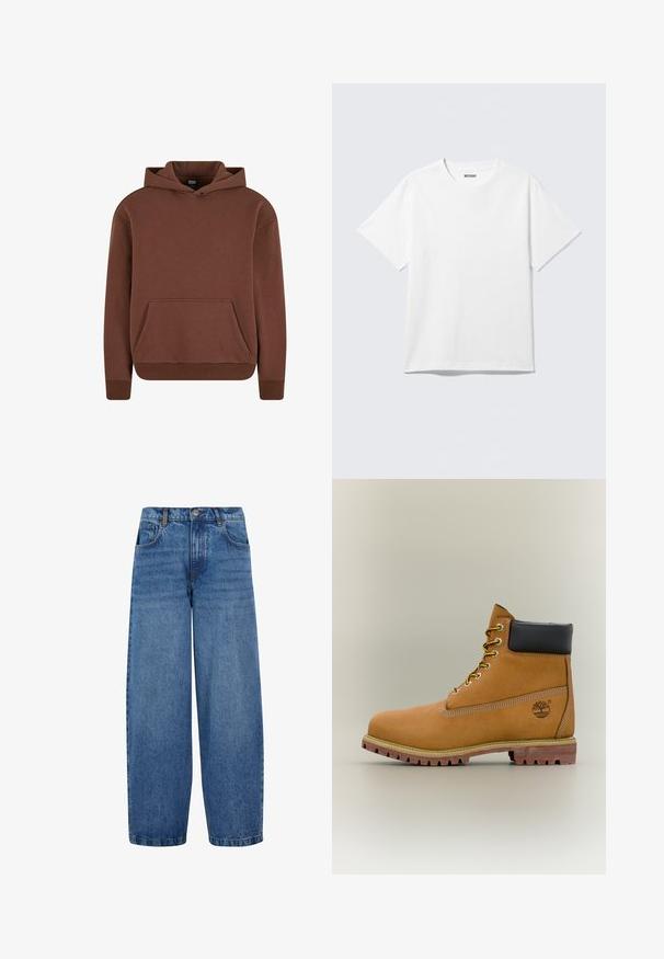 Brun hættebluse lavet af blødt stof, med kengurulomme, ribbede manchetter og en afslappet pasform.; Hvid kortærmet crewneck T-shirt lagt fladt ud, ensfarvet design, med "WEEKDAY" mærkat inde i kraven på en lys baggrund.; Vida jeans i medium blå denim. Har en høj talje, klassisk fem-lomme design og subtil fading langs benene. Standard kant.; Brun læderankelstøvle med sort krave, gule snørebånd og tanfarvet sål. Har logo og hvide syninger som detalje. Robust ydersål med greb.