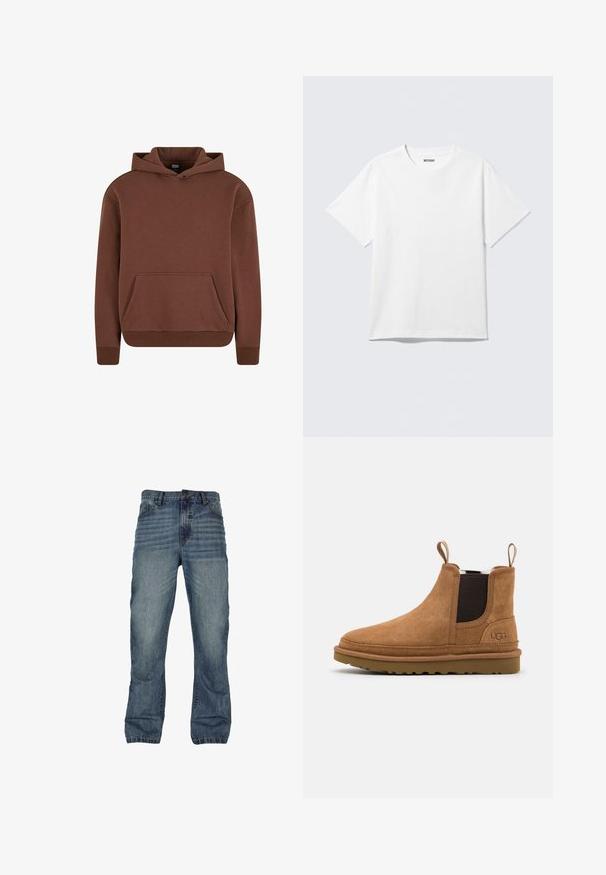 Brun hættebluse lavet af blødt stof, med kengurulomme, ribbede manchetter og en afslappet pasform.; Hvid kortærmet crewneck T-shirt lagt fladt ud, ensfarvet design, med "WEEKDAY" mærkat inde i kraven på en lys baggrund.; Denimjeans i mellemblå med en falmet finish, prydet med et lige ben-design, fem-lomme detaljer og kontrastsyninger.; Brune ruskindsankelstøvler med elastiske sidedele og løfteløkker, der har en gummisål og et diskret logo på siden.
