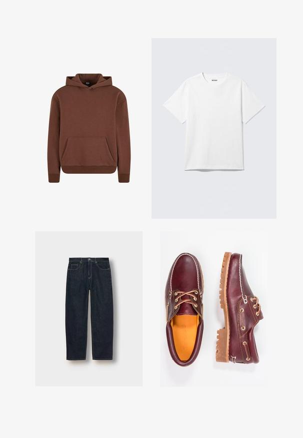 Bruine hoodie gemaakt van een zachte stof, met een kangaroezak, ribgebreide boorden en een ontspannen pasvorm.; Witte T-shirt met korte mouwen en ronde hals, plat gelegd, effen ontwerp, met een "WEEKDAY" label in de kraag op een lichte achtergrond.; Donkerblauwe denim jeans met een losse pasvorm, vijf zakken en contrasterende stiksel. Voorzien van een knoop- en ritssluiting. Gladde textuur.; Bordeaux leren schoenen met bruine rubberen zolen, ronde neus, witte stiksels en gouden veterogen. Het interieur heeft een gele voering.