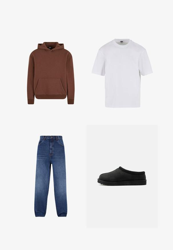Brun hættebluse lavet af blødt stof, med kengurulomme, ribbede manchetter og en afslappet pasform.; Hvid kortærmet t-shirt lavet af bomuld. Har en rund halsudskæring og en afslappet pasform. Glat tekstur, minimalistisk design, ingen mønstre eller accenter.; Mørkeblå denimjeans. Høj talje med afslappet pasform. Har forlommer og en subtil falmningseffekt på benene.; Sort slip-on UGG-tøfler med en blød sål og strikket kant rundt kraven, sidevisning på hvid baggrund.