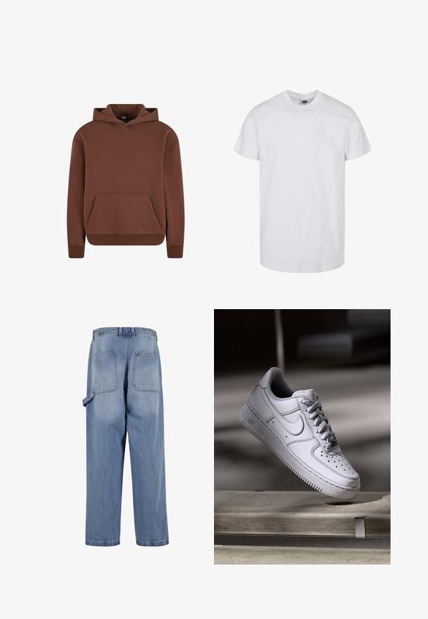 Sweat à capuche marron en tissu doux, avec une poche kangourou, des poignets côtelés et un design décontracté.; T-shirt en coton blanc à manches courtes, col rond et ourlet droit. Texture lisse, sans motifs ni graphismes, étiqueté "Urban Classic".; Pantalon en denim bleu clair avec une coupe ample, présentant une taille haute, deux poches arrière, une boucle sur le côté et une jambe droite.; La basket Nike Air Force 1 en cuir blanc présente un embout perforé, des lacets plats et une semelle en caoutchouc texturée avec le logo « AIR » sur le côté.