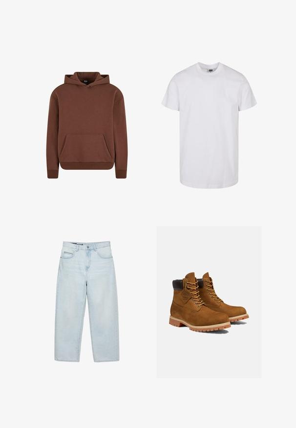 Sweat à capuche marron en tissu doux, avec une poche kangourou, des poignets côtelés et un design décontracté.; T-shirt en coton blanc à manches courtes, col rond et ourlet droit. Texture lisse, sans motifs ni graphismes, étiqueté "Urban Classic".; Jean ample taille haute bleu clair avec poches avant et fermeture à boutons, présenté sur un fond blanc.; Bottines en daim marron avec un col rembourré noir, œillets dorés et semelle en caoutchouc épais avec un motif à crampons pour l'adhérence.