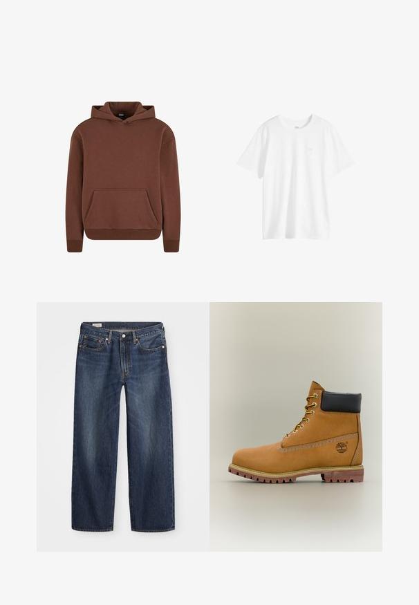 Brauner Kapuzenpullover aus weichem Material, mit einer Kängurutasche, gerippten Bündchen und einem lässigen Schnitt.; Schlichtes weißes T-Shirt mit kurzen Ärmeln und Rundhalsausschnitt, mit einem kleinen Logo auf der linken Brustseite, auf weißem Hintergrund dargestellt.; Dunkelblaue Jeans aus Denim mit geradem Bein, fünf Taschen-Design, Metallknopf und Reißverschluss, sowie subtilen Auswaschungen.; Brauner Leder-Stiefelette mit schwarzem Kragen, gelben Schnürsenkeln und hellbrauner Sohle. Verfügt über ein Logo und weiße Ziernähe. Robuste Profilsohle.