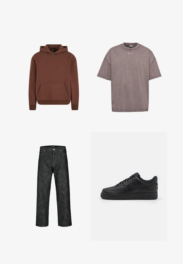 Bruine hoodie gemaakt van een zachte stof, met een kangaroezak, ribgebreide boorden en een ontspannen pasvorm.; Grijze oversized T-shirt van zacht katoen, met een ronde hals, korte mouwen en subtiele geborduurde merklogo op de borst.; Donkere denim jeans met een rechte pijp, voorzien van contrasterende stiksels, een voorzak en een knoopsluiting aan de tailleband.; Nike Sportswear AIR FORCE 1 07 FLYEASE - Sneakers laag - black