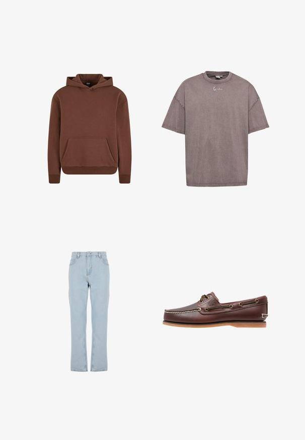 Brun hættebluse lavet af blødt stof, med kengurulomme, ribbede manchetter og en afslappet pasform.; Grå oversized T-shirt lavet af blød bomuld, med rund hals, korte ærmer og et subtilt broderet logo på brystet.; Lyseblå højttaljede denim jeans med lige ben, foran knap- og lynlåslukning samt bæltestropper.; Brun læder bådsko med hvide sømme, snøre detaljer og lysbrun gummisål, vist fra siden på hvid baggrund.