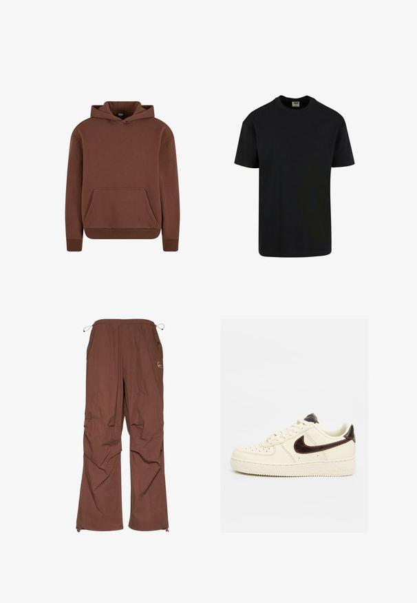 Brauner Kapuzenpullover aus weichem Material, mit einer Kängurutasche, gerippten Bündchen und einem lässigen Schnitt.; Urban Classics SHORTSLEEVE - T-Shirt basic - black; Braune Cargo-Hose mit elastischem Bund und verstellbarem Kordelzug, ausgestattet mit Seitentaschen und einem lässigen Schnitt. Glatte Textur, leichtes Gewebe.; Beiger Low-Top Nike Air Force 1 Sneaker mit schwarzem Swoosh-Logo, beigen Schnürsenkeln und beiger Sohle auf neutralem Hintergrund.