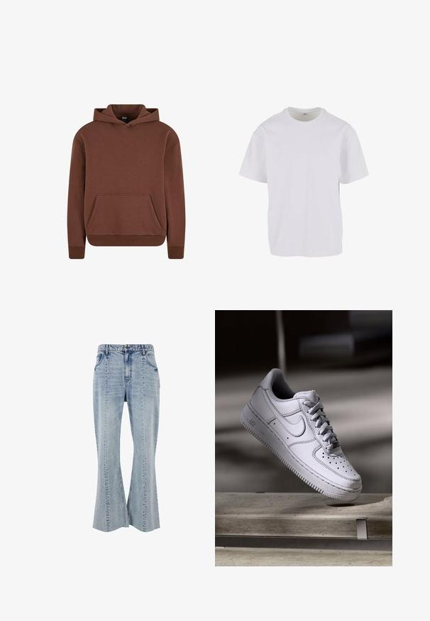 Sweat à capuche marron en tissu doux, avec une poche kangourou, des poignets côtelés et un design décontracté.; T-shirt blanc à manches courtes en coton doux, avec un col rond et une coupe décontractée à ourlet droit. Aucun motif ni accent visible.; Jeans en denim bleu clair évasés avec des détails sur les poches avant, des coutures visibles et une ceinture avec passants. Design classique à cinq poches.; La basket Nike Air Force 1 en cuir blanc présente un embout perforé, des lacets plats et une semelle en caoutchouc texturée avec le logo « AIR » sur le côté.