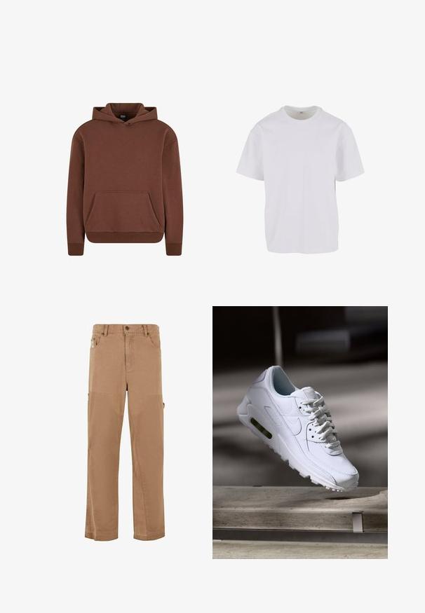 Brauner Kapuzenpullover aus weichem Material, mit einer Kängurutasche, gerippten Bündchen und einem lässigen Schnitt.; Weißes kurzärmeliges T-Shirt aus weicher Baumwolle, mit rundem Ausschnitt und lockerer Passform sowie geradem Saum. Keine Muster oder Akzente sichtbar.; Hellbraune Cargo-Hosen aus strapazierfähigem Material mit mehreren Taschen, geradem Bein Design und verstärkten Kniepatches.; Weiße Lederturnschuhe mit strukturierten Oberflächen, gepolstertem Kragen und sichtbarer Luftpolsterung in der Sohle. Verfügt über Schnürsenkel und ein minimalistisches Design.