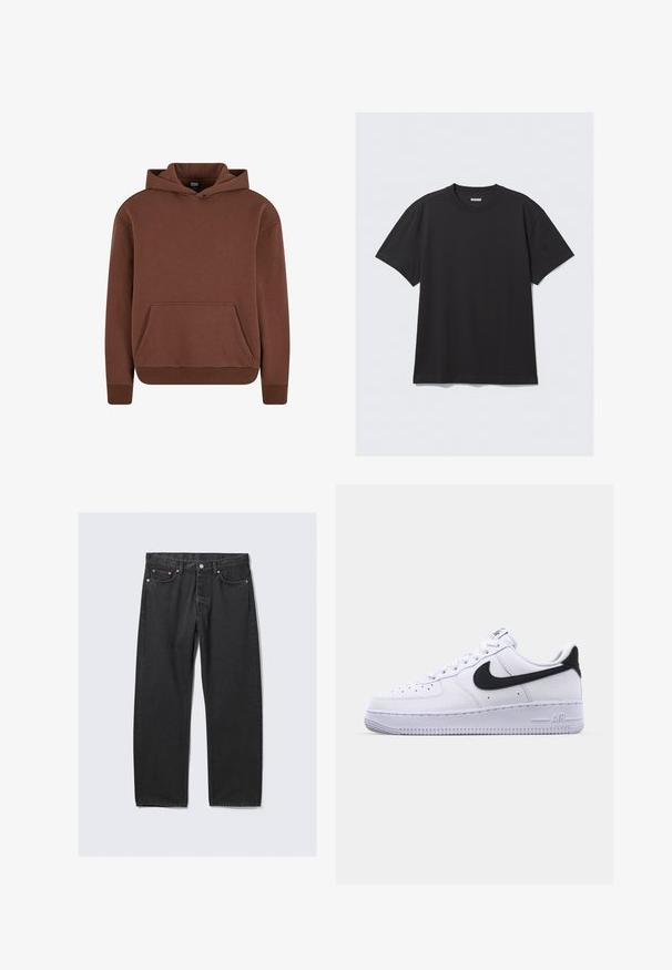 Brauner Kapuzenpullover aus weichem Material, mit einer Kängurutasche, gerippten Bündchen und einem lässigen Schnitt.; Schwarzes T-Shirt mit kurzen Ärmeln aus Baumwolle. Hat einen Rundhalsausschnitt und eine lockere Passform. Einfaches Design ohne sichtbare Muster oder Akzente.; Schwarze Jeans mit geradem Bein, fünf Taschen und Knopfverschluss an der Taille, flach auf hellem Hintergrund liegend.; Weißes Leder-Sneaker mit einem strukturierten schwarzen Swoosh, flachen Schnürsenkeln und einer Gummisohle mit genoppetem Muster. "AIR" ist auf der Ferse eingeprägt.
