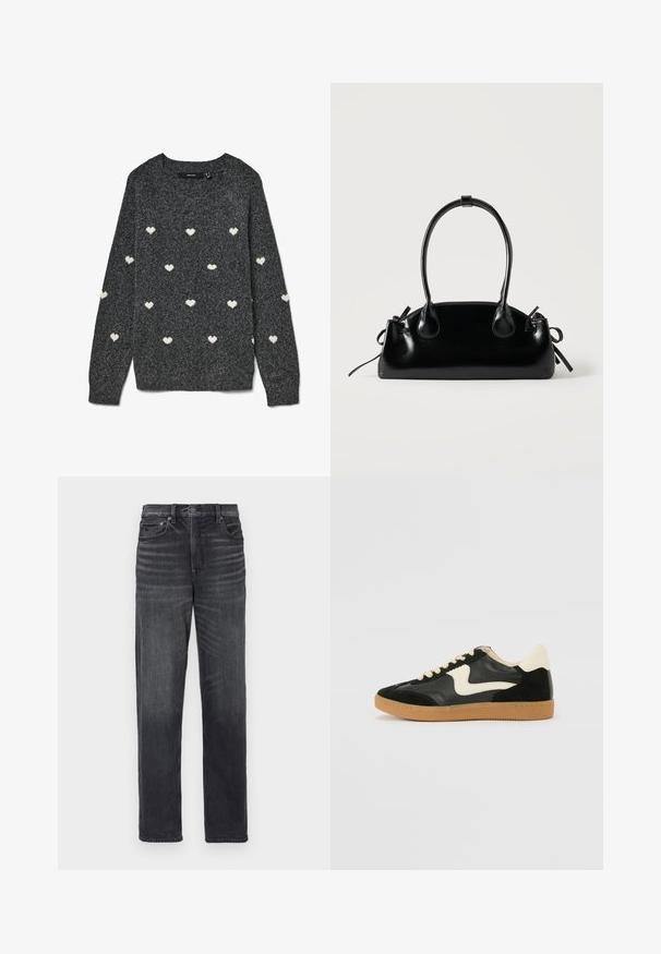 Grå sweater med rund halsudskæring og lange ærmer, prydet med et gentaget mønster af små hvide hjerter over det hele. Blødt tekstureret stof.; Sorte denim jeans med lige ben, der har forlommer, knaplukning og subtilt slid.; Sorte ruskinds- og lædersneakers med en cremefarvet side-swoosh og lys cremefarvet hæl. Har beige snørebånd og en gummirubber-sål.; Lille sort blank håndtaske med to lange håndtag og snøre-detaljer i siden på en ensfarvet lys baggrund.