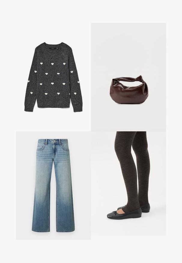 Grijze trui met een ronde hals en lange mouwen, met een herhalend patroon van kleine witte hartjes over het hele oppervlak. Zacht gestructureerde stof.; Lichtblauwe jeans met wijde pijpen en een vervaagde afwerking, voorzien van een knoopsluiting, vijf zakken en gestikte details langs de naden.; Benen met donkere geribbelde leggings gecombineerd met zwarte ballerina's met kleine strikdetails op een witte achtergrond.; Donkerbruine leren schoudertas met een zachte, slungelige vorm en een gedraaide knoopvormige handgreep op een effen witte achtergrond.