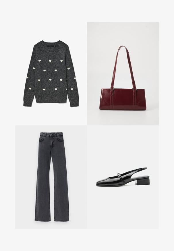 Pull gris à col rond et manches longues, avec un motif répété de petits cœurs blancs sur toute la surface. Tissu à la texture douce.; Jean flare en denim noir avec taille haute, présentant deux poches avant et des détails de couture subtils le long des coutures.; Chaussure slingback en cuir verni noir avec un petit talon bloc et une fine bride avec une boucle argentée sur le dessus.; Sac à main bordeaux en matériau brillant, de forme rectangulaire, avec deux anses et des accents légèrement courbés à l'avant.