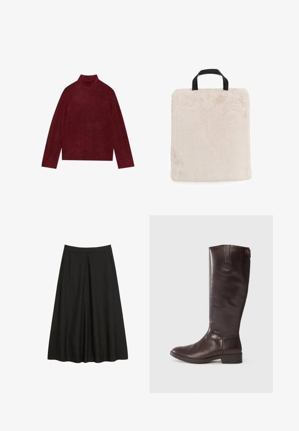 Bordeaux turtleneck trøje, strikket, med ribbede detaljer ved kraven og ærmerne, med en boxy form og blød tekstur.; Sort A-line nederdel lavet af glat stof. Har en talje med plisseringer og sidelommer. Knælængde og enkelt design.; Brune læder knæhøje støvler med en rund tå, glat tekstur, minimalistisk design og en lille knapdetalje nær toppen. Flad hæl.; Faux fur taske i lys pink med en blød tekstur. Har sorte læderhåndtag og et firkantet design. Velegnet til afslappet brug.