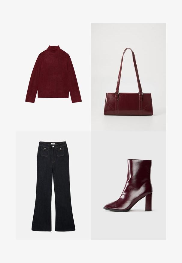 Bordeaux coltrui, gebreid, met ribbeldetails op de kraag en manchetten, met een boxy vorm en een zachte textuur.; Flared donkerdenim jeans met een hoge taille, twee voorzakken en oranje stiksels. Het materiaal lijkt stevig en glad.; Blinkend donker bordeauxleren laars tot halverwege het kuit met een puntige neus en een hoge blokhak op een neutrale achtergrond.; Bourgondische handtas van glanzend materiaal, rechthoekige vorm, met twee schouderbanden en subtiele gebogen accenten aan de voorkant.