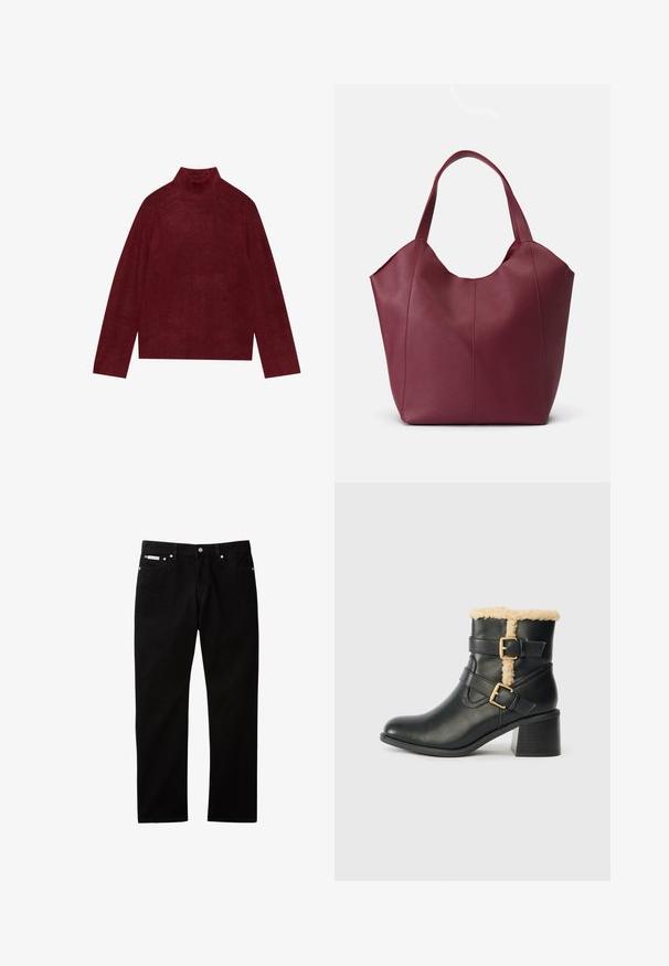 Bordeaux turtleneck trøje, strikket, med ribbede detaljer ved kraven og ærmerne, med en boxy form og blød tekstur.; Sorte denimjeans med lige ben, der har knappelukning og lynlås, fem lommer og en lille logomærkat på taljen.; Sorte læderankelstøvler med en faux pelskrave, gulde spænder og en blokhælhøj, der har en glat tekstur og et afrundet tådesign.; Bordeaux læder tote taske med to robuste håndtag, der har en glat tekstur og en konisk design med sømdetaljer foran.