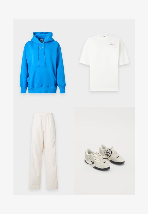 Φούτερ Nike σε έντονο μπλε χρώμα με μπροστινή τσέπη τύπου καγκουρό, κουκούλα με κορδόνι, ριμπ μανσέτες και λευκό λογότυπο Nike Swoosh στο στήθος.; Λευκό oversized κοντομάνικο μπλουζάκι με μικρό χρυσό λογότυπο "Just Do It" στο άνω αριστερό μέρος του στήθους σε απλή φόντο.; Φαρδιά κρεμ παντελόνια με ελαστική μέση και ίσια γραμμή, παρουσιάζονται σε απλό λευκό φόντο.; Nike αθλητικά παπούτσια με μπεζ και γκρί υφή, μαύρες λεπτομέρειες, μεγάλο λογότυπο "90" και λευκό κορδόνι. Μαύρη σόλα.