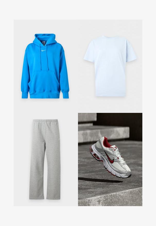Φούτερ Nike σε έντονο μπλε χρώμα με μπροστινή τσέπη τύπου καγκουρό, κουκούλα με κορδόνι, ριμπ μανσέτες και λευκό λογότυπο Nike Swoosh στο στήθος.; Ανοιχτό μπλε κοντομάνικο t-shirt με στρογγυλή λαιμόκοψη και μικρό λευκό λογότυπο Nike Swoosh στο κέντρο του στήθους.; Ανοιχτό γκρι φόρμα με ελαστική μέση και μικρό λευκό λογότυπο Nike στο πάνω μέρος του μηρού, εμφανίζεται επίπεδη σε λευκό φόντο.; Λευκό αθλητικό παπούτσι με κόκκινες λεπτομέρειες, επάνω μέρος από δίχτυ, ασημί διακοσμήσεις και μαύρη σόλα. Διαθέτει το λογότυπο της Nike και σχεδιασμό με ενισχυμένη ενδιάμεση σόλα.