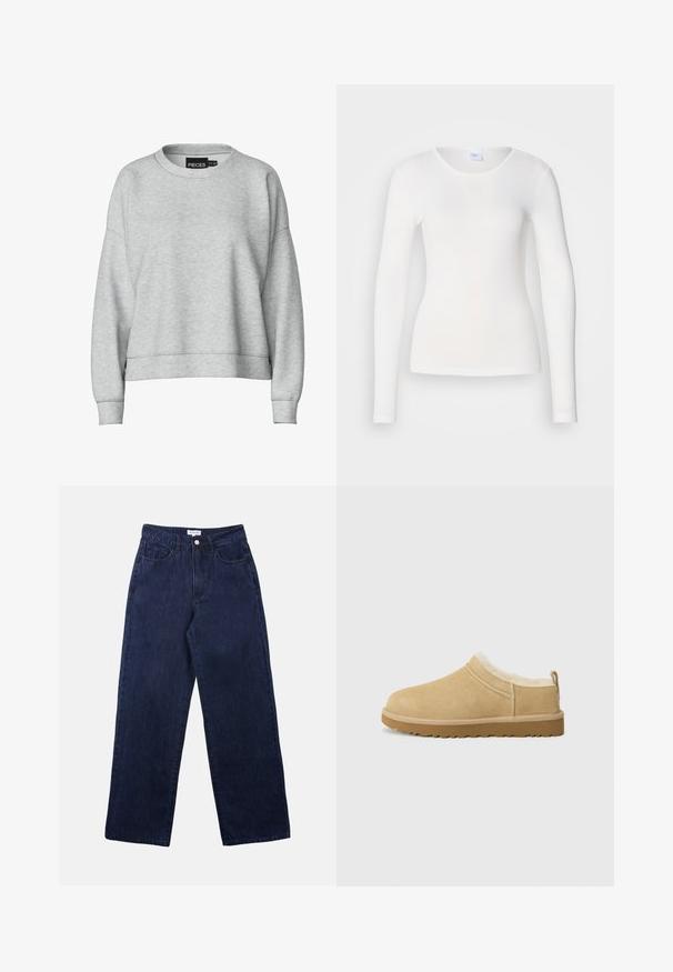 Grå sweatshirt med rund halsudskæring og nedskuldrede skuldre. Fremstillet af blødt stof, har en cropped design og ribbede manchetter. Enkel mærkat ved kraven.; Hvid langærmet skjorte lavet af et blødt, glat stof; har en rund halsudskæring og en tætsiddende facon uden mønstre eller pynt.; Mørkeblå denimbukser med lige ben, der har en frontknaplukning, bæltestropper og to forlommer.; Suede slip-on sko i lys tan, med en blød pelsforing og tekstureret gummisål med en let hæl og bagestrop for nem påklædning.