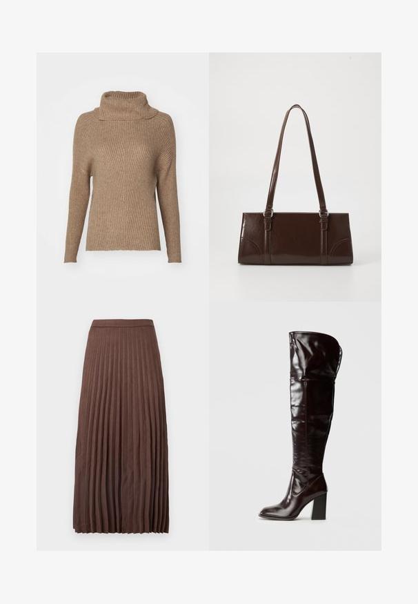 ONLY ONLKATIA SADDLE ROLL NECK - Pullover - malt ball; Jupe midi plissée marron en tissu texturé, dotée d'une taille ajustée et de plis verticaux s'étendant de la taille à l'ourlet.; Bottes en cuir bordeaux glacé montant jusqu'au genou, avec un bout carré et un talon bloc, présentant un design ample et des détails de couture minimalistes.; Sac à main en cuir verni marron de forme rectangulaire, avec deux longues poignées et des accents courbés subtils à l'avant.