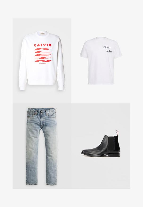 Witte sweatshirt met rode grafische tekst "CALVIN" en abstracte vormen. Ribgebreide boorden en zoom, casual ontwerp, zachte stof.; Witte T-shirt met korte mouwen en ronde hals met "Calvin Klein" in zwarte cursieve letters op de linkerborst.; Lichtblauwe denim jeans met rechte pijpen, met knoopsluiting, voorzakken en riemlussen, plat weergegeven op witte achtergrond.; Zwarte leren Chelsea-boot met een elastische zijkant en een rode trekband aan de achterkant, weergegeven op een effen witte achtergrond.
