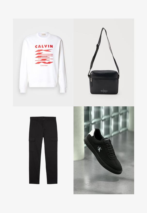 Witte sweatshirt met rode grafische tekst "CALVIN" en abstracte vormen. Ribgebreide boorden en zoom, casual ontwerp, zachte stof.; Zwarte cargo broek met rechte pijpen, zij-flappenzakken, knoop aan de voorkant, riemlussen en een strak, minimalistisch ontwerp.; Zwarte Calvin Klein sneaker met witte hielstrip en CK-logo aan de zijkant, zwevend boven een gepolijste betonnen vloer en een achtergrond van glazen blokken.; Zwarte rechthoekige crossbodytas met voorvak met rits, verstelbare draagriem met Calvin Klein-logo en een reliëflogo op het voorpaneel.