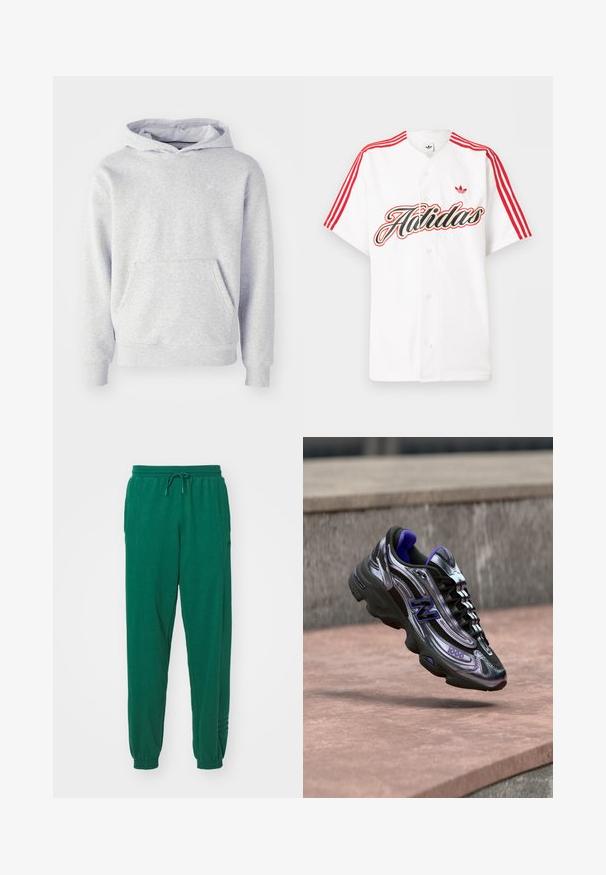 Grå hættetrøje lavet af blødt stof. Har en kængurulomme, ribbede manchetter og et diskret logo på brystet. Simpelt design.; Hvid kortærmet skjorte med knapper, med røde Adidas-striber på skuldrene, stor stiliseret "Adidas"-tekst og rødt trefoil-logo på brystet.; Grønne bomuldsjoggers med snøre i taljen, elastiske manchetter og sidelommer. Stoffet ser blødt ud med en glat overflade.; Sort og lilla New Balance 1000 sneaker i luften over en betonoverflade med en sløret stenvæg i baggrunden.