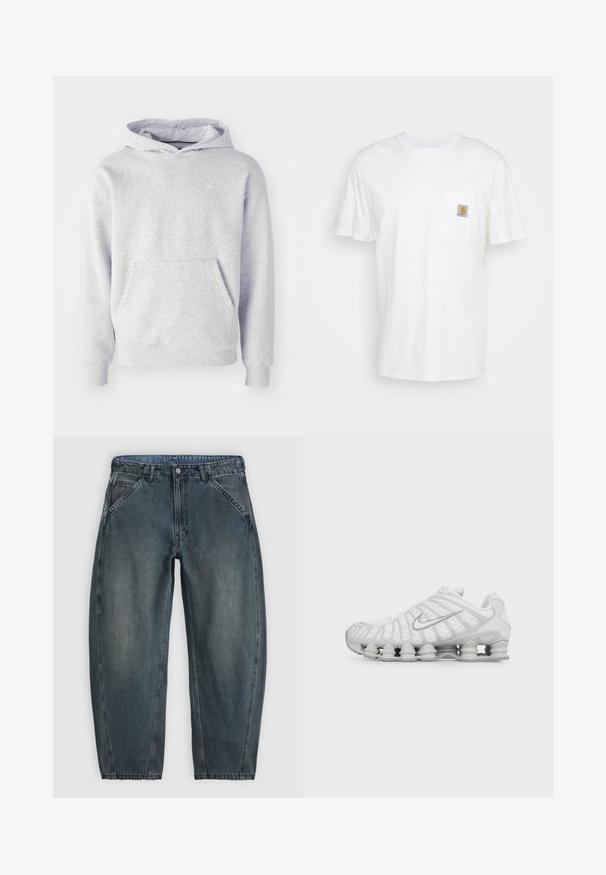 Sweatshirt à capuche gris en tissu doux. Présente une poche kangourou, des poignets côtelés et un logo discret sur la poitrine. Design simple.; T-shirt en coton blanc à manches courtes, avec une poche poitrine et un petit patch logo carré en orange et blanc sur la poche.; Jean denim gris foncé taille haute avec poches avant en biais, fermeture par boutons, passants de ceinture et jambes légèrement fuselées.; Chaussure de running blanche Nike avec semelle à coussin d’air visible et logo swoosh argenté sur le côté, vue de l'extérieur.