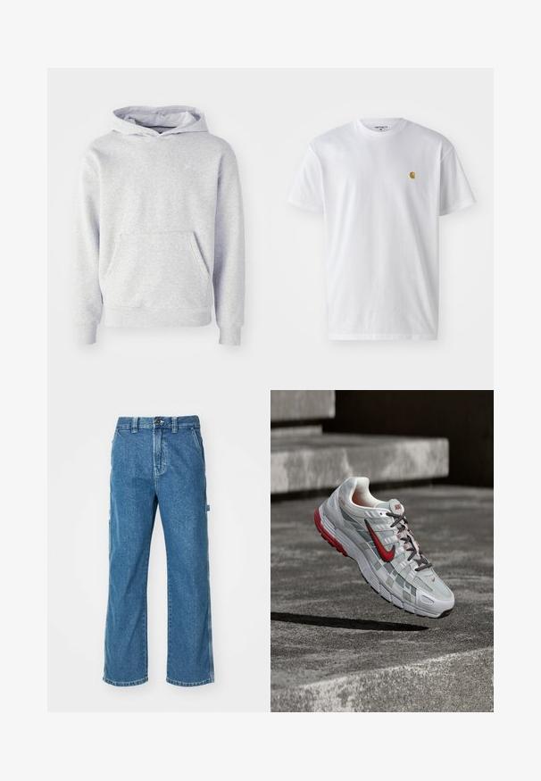 Grå hættetrøje lavet af blødt stof. Har en kængurulomme, ribbede manchetter og et diskret logo på brystet. Simpelt design.; Hvid bomulds t-shirt med korte ærmer, rund hals og et lille guld logo på venstre brystområde. Blød tekstur og almindelig pasform.; Blå denim cargo bukser med en afslappet pasform, der har sidelommer, lynlås og kontrastsyninger på sømmene.; Hvid og grå Nike løbesko med røde accenter og sorte snørebånd, ophængt over grå beton-trin.
