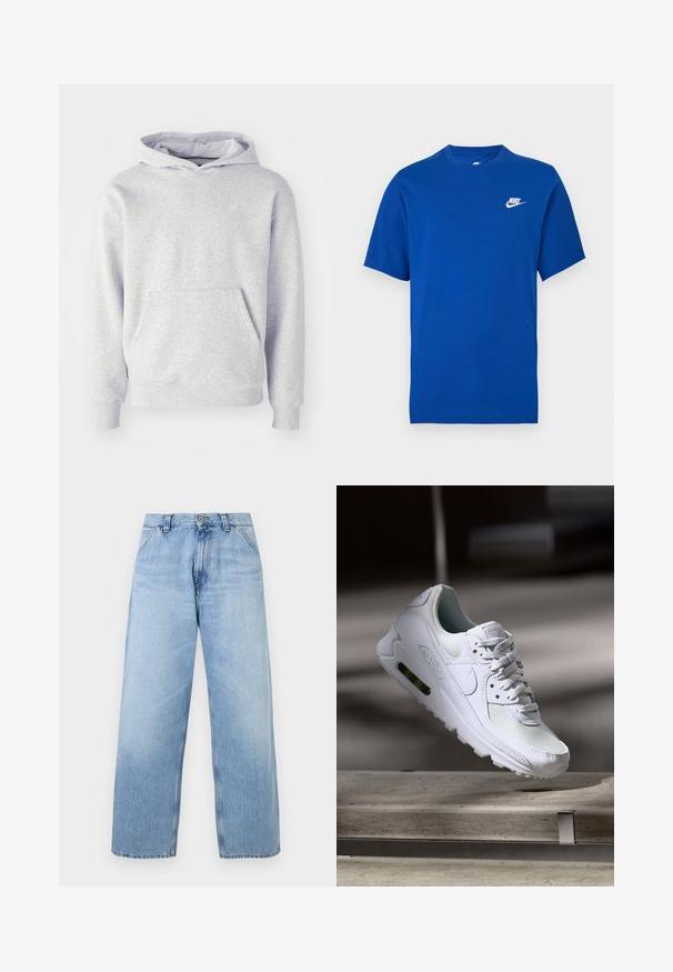 Grå hættetrøje lavet af blødt stof. Har en kængurulomme, ribbede manchetter og et diskret logo på brystet. Simpelt design.; Blå Nike T-shirt med korte ærmer og hvidt logo på venstre bryst, rund hals og almindelig pasform.; Lyseblå denim bukser med vide ben, forlommer, bæltestropper, knaplukning og falmet detaljering.; Hvide Nike Air Max 90 sneakers med en overdel i mesh og læder, perforeret tåboks og en synlig luftenhed i hælen.