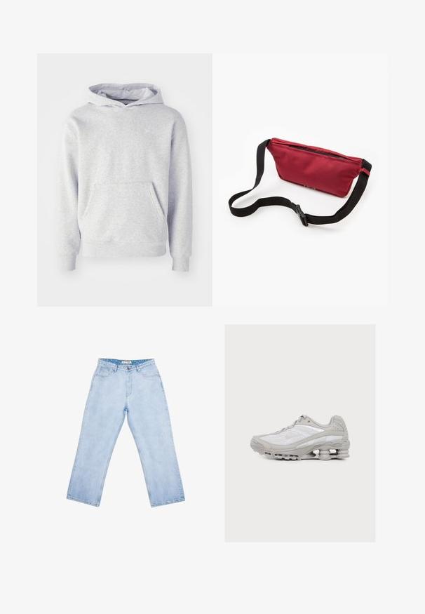 Grå hættetrøje lavet af blødt stof. Har en kængurulomme, ribbede manchetter og et diskret logo på brystet. Simpelt design.; Lyseblå jeans med høj talje og lige ben, forlommer, bæltestropper, knaplukning og en mærket inderlabel ved linningen.; Lysegrå og hvid atletiksko med synlig fjederlignende støddæmpning i sålen og meshstof på overdelen.; Rød stof-mavetaske med lynlås øverst, justerbar sort rem og et strømlinet design. Glat tekstur uden synlige mønstre.